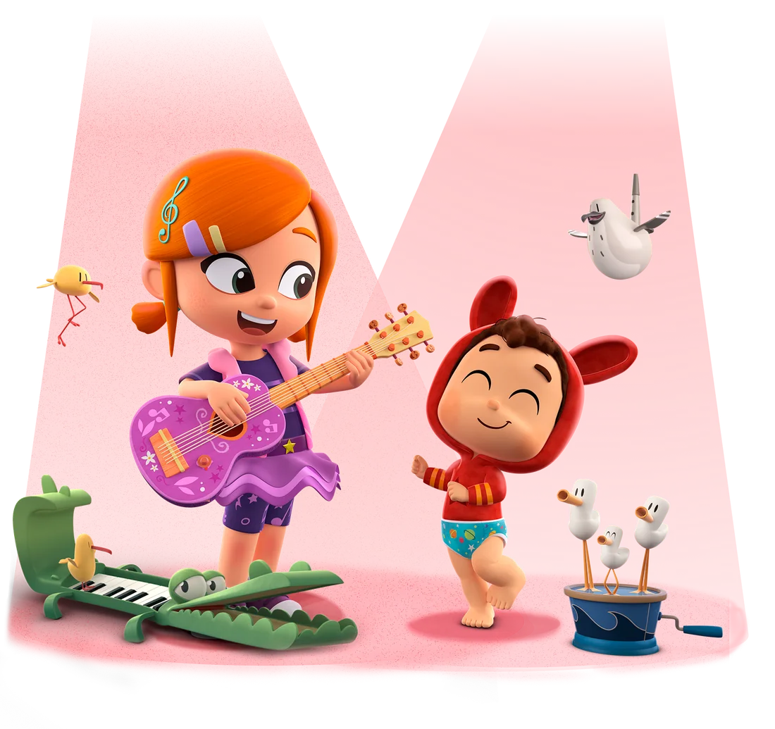 Lea playing her purple guitar and her little brother Pop dancing under the spotlights, with Crocopiano and their musical toys