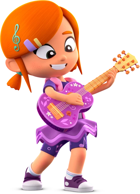 Lea, a red-haired girl with a treble-clef hair clip, playing her purple guitar