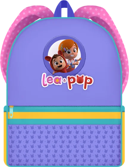 Purple Lea & Pop backpack with the siblings and the logo