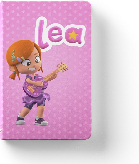 Pink notebook with Lea playing guitar