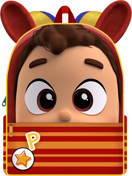 Backpack shaped like Pop's face with bunny-ear hood