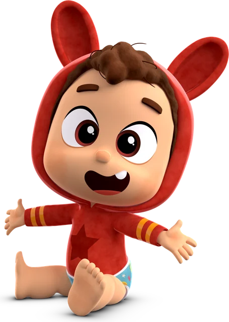 Pop, a toddler in a red hoodie with bunny ears